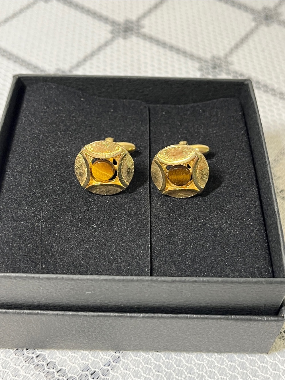 Vintage Gold Tone Cuff Links with Amber Center Stones